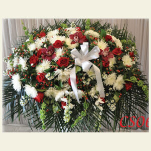 CS0650: Red and White Assorted Cascading Casket Spray
