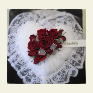 P0100: Satin Heart Pillow with Red Flowers