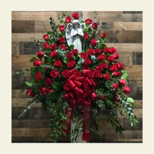 RB0050: Red rose basket with statue