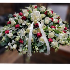 CS1550: Red and White Rose Casket Spray with Calla Lilly