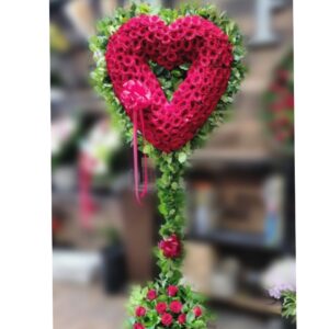 H1700: Open Red Rose Heart with lemon leaf