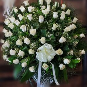 RB0300: White Rose Basket with Wax Flower